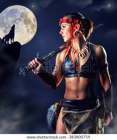 Beautiful girl in image of the Northern warrior in the mystic night. The picture is drawn with digital painting.