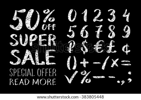 Numbers 0-9 written with a brush on a black background lettering. Super Sale. Big sale. Sale tag. Sale poster. Sale vector. Super Sale and special offer. 50% off. Vector illustration. art