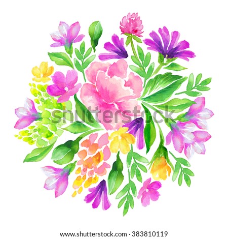 watercolor round bunch of flowers, summer colorful bouquet illustration, isolated on white background