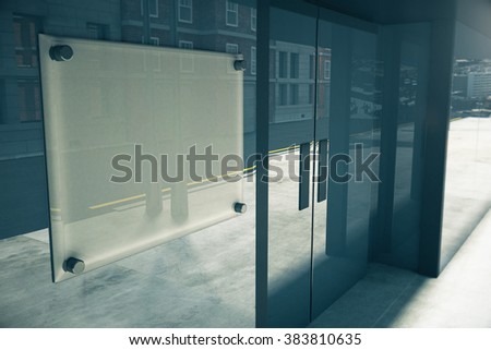 Blank glassy signboard on glassy wall of building, mock up, 3D render