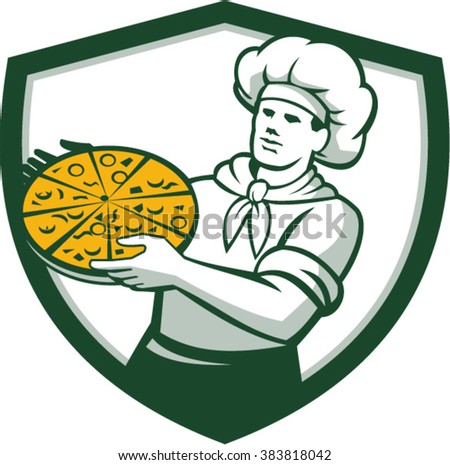 Illustration of a pizza chef baker holding pizza viewed from front set inside shield crest on isolated background done in retro style. 
