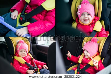 a little girl of three years in winter in a red jacket and a pink hat sitting in a car in a child car seat is going on a journey, and strapped is secure, smiling and builds funny faces. collage