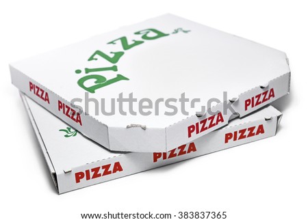 Pizza boxes, isolated on white. Royalty-Free Stock Photo #383837365