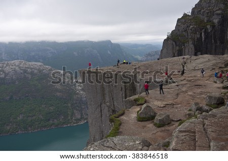 Norway, Preikestolen / Preikestolen or Prekestolen, also known by the English translations of Preacher's Pulpit or Pulpit Rock, is a famous tourist attraction in Forsand, Ryfylke, Norway.