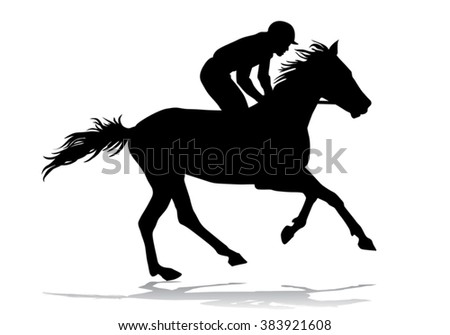 Jockey riding on horseback. Horse racing. Competition. Silhouette on a white background. 