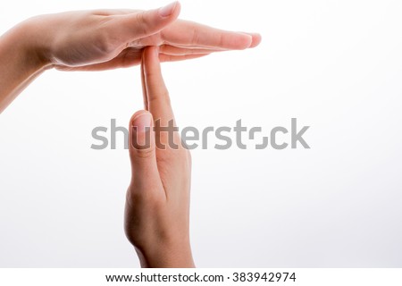 Break time hand gesture on a white background Royalty-Free Stock Photo #383942974