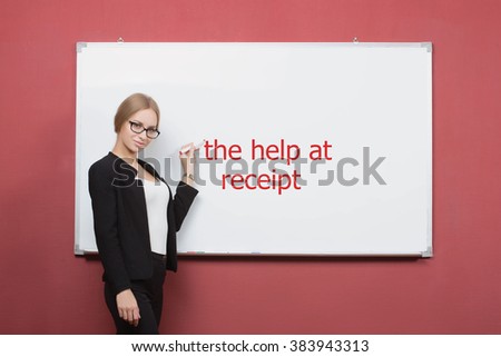 girl writes the help at receipt on a white board. 