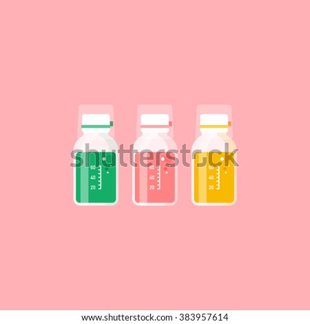 vector cute cold medicine, prescription medicine liquid bottles, medicated syrup, cough syrup / cartoon, flat style, long shadow design, icon template, circle / on pink