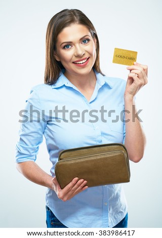 Happy girl gets credit card from a woman's wallet. White background isolated.