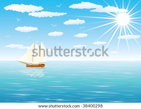 Sailing Ship at Sea under full sail with a cloudy blue sky in the background.