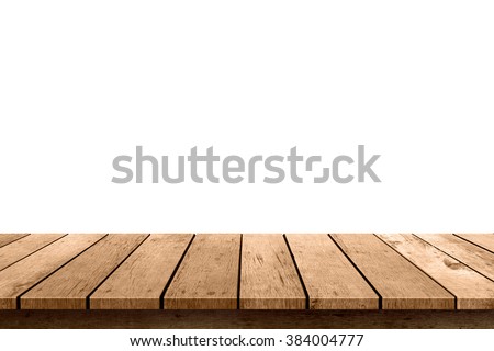 empty wooden table top isolated on white background, used for display or montage your products Royalty-Free Stock Photo #384004777