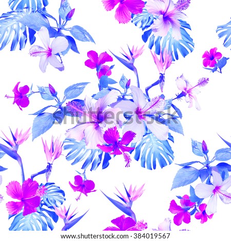 Blue flowers pattern seamless. Clip art - photo collage. Beautiful artistic tropical flowers for floral design.