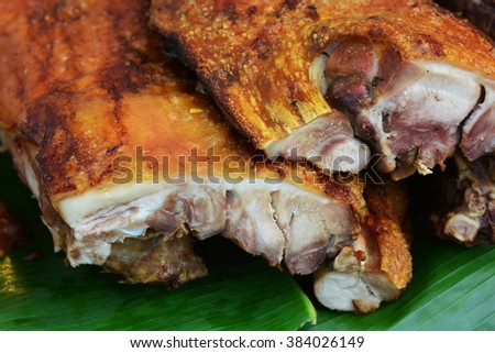 Trang roast pork or moo yang, a specialty, sweet with a crispy crunchy skin. Trang province, Southern Thailand, Thai Food Recipes Pork Recipes, Thai Street Food, Thai Cooking Traditional  Thai Food
