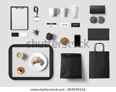 Cafe branding mock up for your design presentation, top view, black style Royalty-Free Stock Photo #384048166