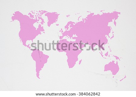 Dirty white concrete and cement wall with moss and world map pink color tone on wall texture background. abstract wall paper design