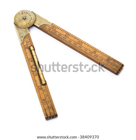 Antique carpenter's boxwood folding rule of 19th century marked Rabone with brass level and protractor isolated on white