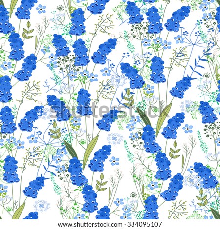 Seamless pattern with stylized cute blue muscari.  Endless texture for easter and spring design, greeting cards, fabrics, announcements, posters.