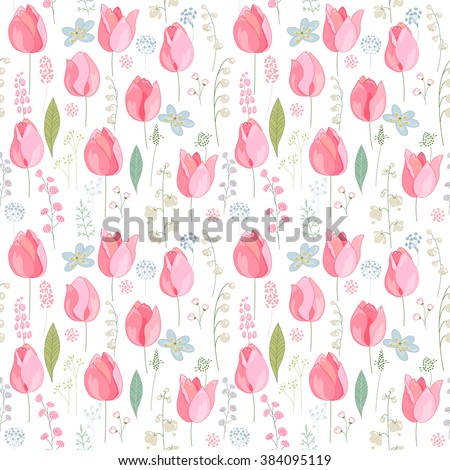 Seamless pattern with stylized cute pink tulips.  Endless texture for easter and spring design, greeting cards, fabrics, announcements, posters.