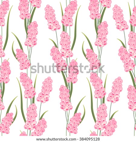 Seamless pattern with stylized cute pink muscari. Endless texture for easter and spring design, greeting cards, fabrics, announcements, posters.