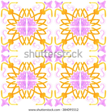 Tribal seamless colorful geometric pattern. Striped hand painted Aztec seamless pattern with ethnic and tribal motifs. Watercolor .White background.  Flowers texture. 
