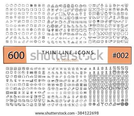 600 Vector thin line icons set for infographics, mobile UX/UI kit and print design. Games, love,wedding, e-commerce, business, documents, web store, electronics, technology. Royalty-Free Stock Photo #384122698