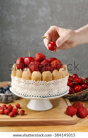 French charlotte cake with strawberries, copy space.