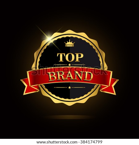 Top brand award label golden colored with ribbon and crown, vector illustration.