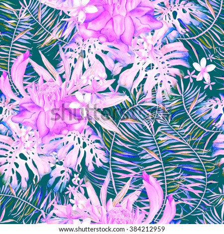 Hand drawn seamless watercolor pattern with palm leaves, monstera leaves and ginger flowers. Floral botanic unique illustration with exotic flowers and leaves.