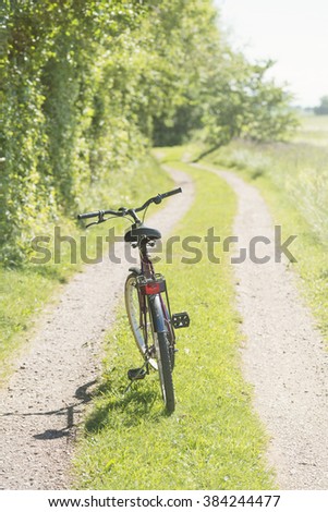 Summer landscape with empty rural road and parked bicycle.