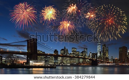 Fireworks over Manhattan, New York City.