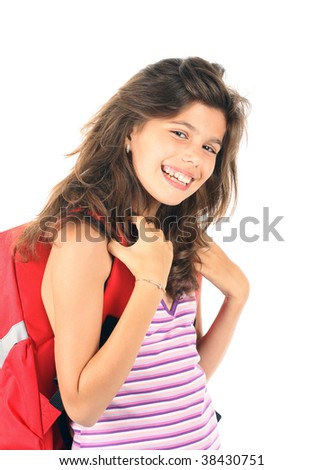 A beautiful student girl with red  backpack on white background