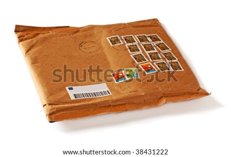 envelope with many colorful stamps