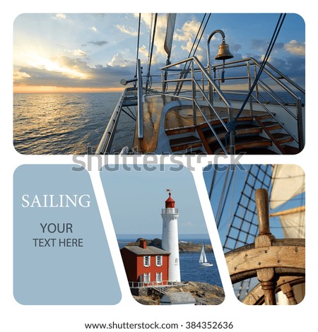 Sailing photo collage. Beautiful Luxury yacht at sunset. Yachting. Sailing