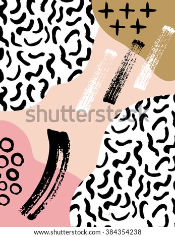 Abstract scandinavian composition in black, white and pastel pink. Hand drawn vintage texture, dots, lines and cross. Modern abstract design poster, cover, card design.