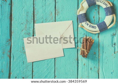 top view nautical concept with nautical life style objects. vintage filtered and toned
