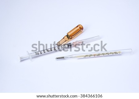 Medical equipment : thermometer, syringe, needle, ampule
