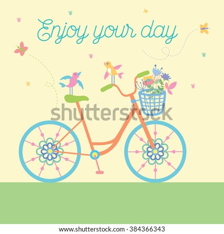 Cute beautiful bicycle with birds and flowers and decorative wheels. Vector illustration