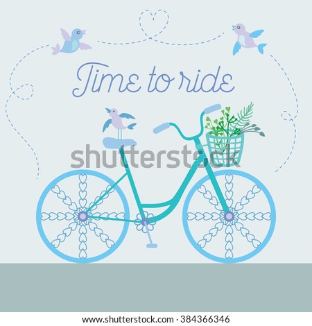 Cute beautiful bicycle with birds and flowers and decorative wheels. Vector illustration