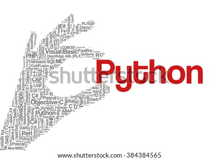 Conceptual tag cloud containing names of programming languages, Python emphasized, related to web and software development and engineering, programing, coding, computing and software applications.