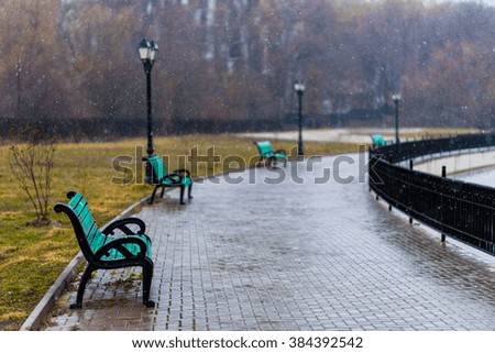 An alley on the bank of the lake with green benches and street lights under falling snow.