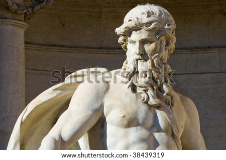 Close up of the Neptune statue of the Trevi Fountain in Rome, Italy.
