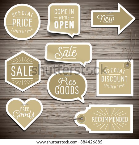 Stickers on rustic wood background for retail. Vector illustration.