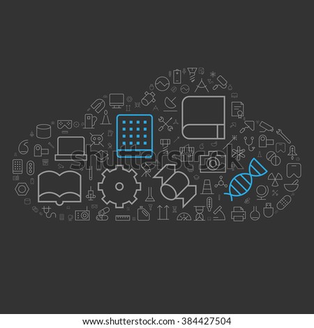 Icons for science, technology and industrial arranged in cloud shape. Vector illustration.