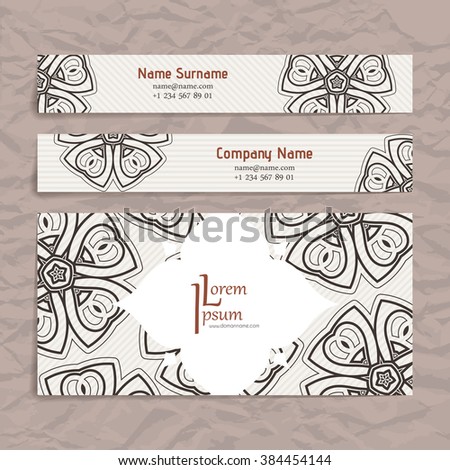 Set of vector design templates. Brochures in random colorful style. Vintage frames and backgrounds. Business card with floral circle ornament. Mandala style.