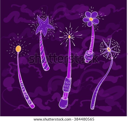 Hand drawn set with magic wands in various shapes, vector illustration