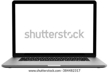 Laptop with blank screen isolated on white background, white aluminium body.Whole  in focus. High detailed.