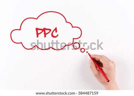 Hand writing PPC on white paper, View from above