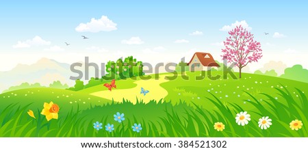 Vector cartoon illustration of a beautiful spring blooming countryside, panoramic landscape