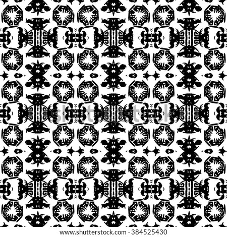 Ethnic Aztec pattern. Striped hand painted aztec vector seamless pattern with ethnic and tribal motifs, zigzag lines, brushstrokes and splatters of paint black and white colors Vector illustration.