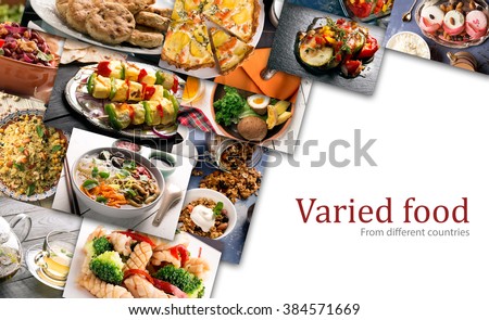 Cuisine of different countries. Varied dishes prepared form meat or vegetables Royalty-Free Stock Photo #384571669